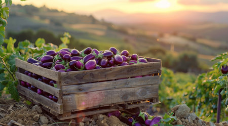 A wooden crate filled with freshly harvested eggplants sits in a garden at sunset.の素材