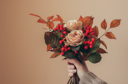 A hand holds a vibrant bouquet of autumn flowers, including red, orange, and yellow blooms with green and brown leaves, all rendered in a watercolor style.の素材