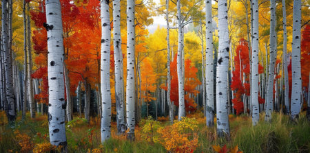 A view of tall Aspen trees with bright white bark in a forest during autumn with colorful foliage.の素材