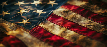 A close-up image of an American flag with faded colors and visible wear and tear. The focus is on the stars and stripes, capturing the texture and detail of the fabric.の素材