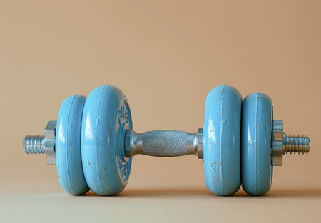 A close-up of a black cast iron dumbbell with a knurled handle, laying on a tan background.の素材