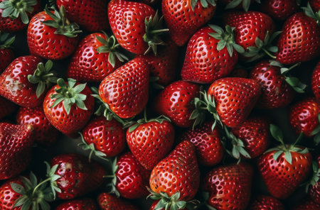 A close-up image of a pile of fresh, ripe strawberries, showing their vibrant red color and detailed texture.の素材