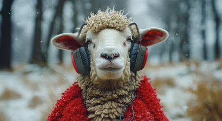 A white sheep with brown headphones on its head, looking directly at the camera.の素材
