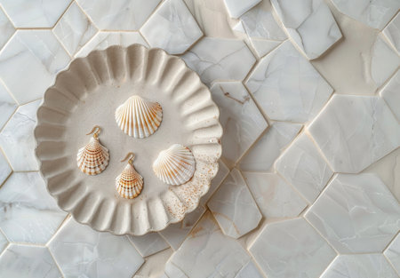 A close-up image of a pair of seashell earrings on a white hexagon tile background with eucalyptus leaves.の素材