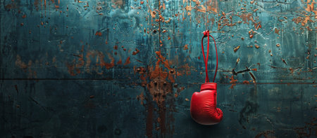 A pair of red boxing gloves hang from a hook on a blue textured wall.の素材