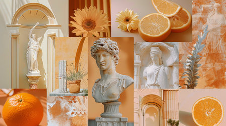 A digital collage featuring Roman sculptures, citrus fruit, and floral elements.の素材