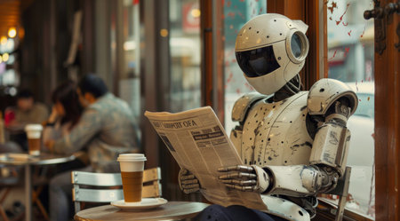 A white humanoid robot sits at an outdoor cafe table, reading a newspaper.の素材