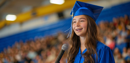 A young woman in a blue graduation gown and cap smiles as she delivers a speech at a graduation ceremony.の素材