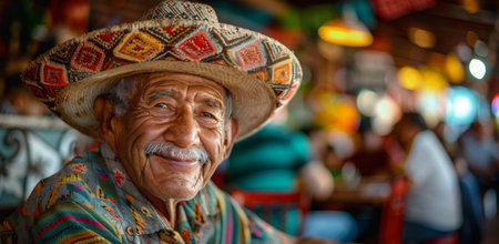 An elderly man with a wide smile wears a brightly colored, traditional Mexican hat while sitting in a busy restaurant.の素材