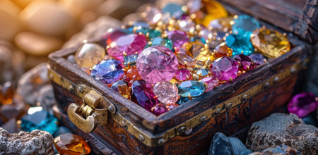 An open wooden treasure chest is overflowing with colorful gemstones, resting on a wooden table.の素材