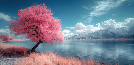 A solitary pink tree stands near a calm lake with snow-capped mountains in the background on a bright, sunny day.の素材