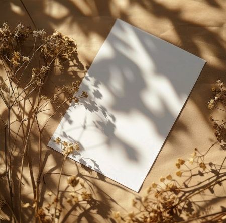 A blank white card rests on a light beige wall, casting a shadow of a nearby plant.の素材