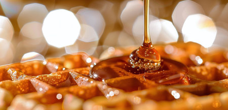 A close-up image of golden syrup being poured onto a freshly made waffle.の素材