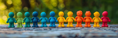 A group of colorful clay figurines stand in a row on a wooden surface in a forest setting. The figures are all different colors and have a simple design.の素材