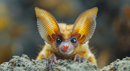A small bat with large ears and brown fur sits amongst yellow flowers, looking directly at the camera.の素材
