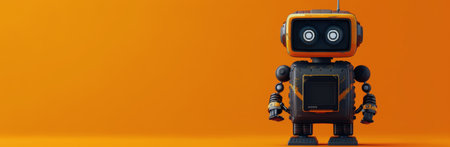 A black and orange robot stands on an orange background.の素材