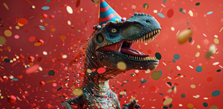 A happy, green dinosaur wearing a colorful party hat smiles with its mouth open, surrounded by falling confetti.の素材