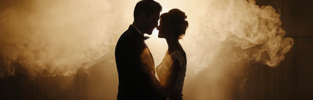 A newly married couple stands embraced in a smoky setting, illuminated by a warm light.の素材