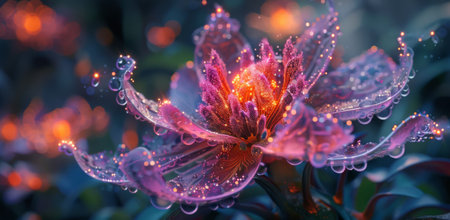 A close-up of a purple flower with dew drops on its petals, illuminated by warm, glowing lights.の素材