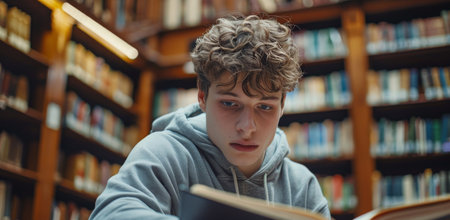 A young man sits at a desk in a library, focused on his studies, surrounded by bookshelves filled with volumes.の素材