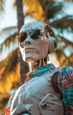 A humanoid robot with a white helmet and sunglasses stands in a tropical forest.の素材