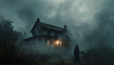 A woman in a cloak stands before a large, dark house on a foggy night. Light glows from the windows, casting a warm glow on the mist.の素材