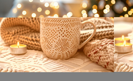 A white mug with intricate gold patterns rests on a white textured surface, surrounded by soft knit blankets and burning tea lights.の素材