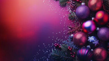 Close-up of colorful Christmas tree ornaments and lights on a green pine branch. A blue and white background with bokeh and snowflakes.の素材