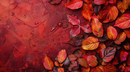 Colorful autumn leaves scattered across red background in loose pattern, creating space for text or design on the leftの素材