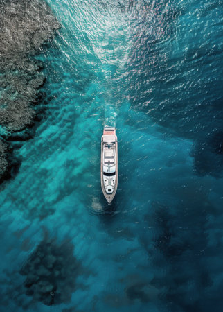 An aerial view of a white yacht navigating crystal clear blue water, with the ocean floor visible below. The yacht is in the middle of the image, traveling straight ahead, creating a wake that stretches behind it.の素材