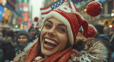 A woman in a red knitted hat with white pom-poms smiles brightly as she walks through a snowy city street. Snowflakes fall around her, and she is bundled up in a warm sweater.の素材