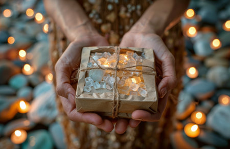 Close-up of hands holding a wrapped gift box tied with twine, surrounded by lit candles and stones.の素材