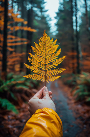 A hand holds up a single golden fern frond in front of a blurry background of an autumn forest. The colors of the forest are muted, with yellows, oranges, and greens.の素材