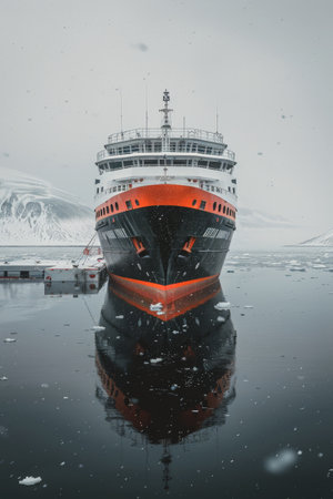 A large ship is docked in icy arctic waters, surrounded by snow and ice. The ship is black and orange with white accents, and has a tall mast. The water is dark and calm, and the sky is overcast.の素材