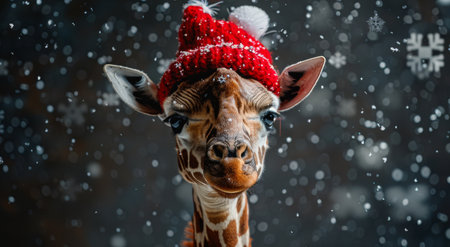 A giraffe wearing a red Santa hat stands in falling snow. Its head is tilted slightly down, and it looks directly at the camera.の素材