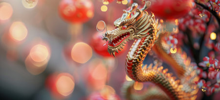 A golden dragon figurine decorated with red accents is positioned against a blurred background of red lanterns and cherry blossoms.の素材