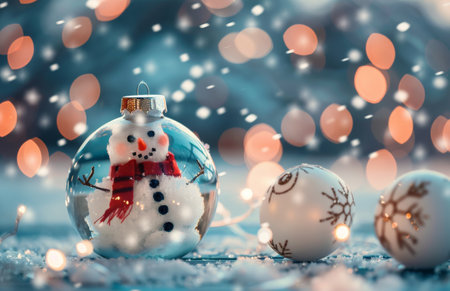 A snowman ornament sits in the snow with other ornaments, surrounded by glowing lights. Snowflakes fall from the sky.の素材