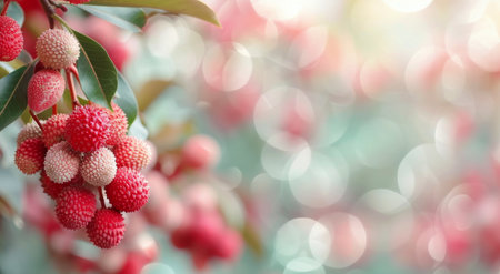 A close-up of a lychee branch with ripe fruit hanging from it, lit by the warm morning sun. The background is a soft blur of green and pink hues.の素材