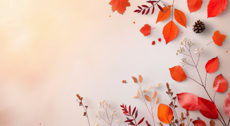 Red and orange leaves with delicate veins and a blurry background of light bokeh. The image evokes a sense of warmth and tranquility.の素材