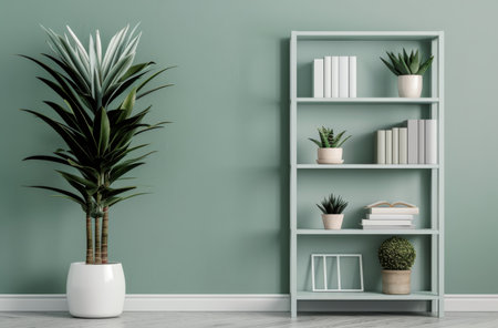 A large potted plant stands next to a white bookshelf with four shelves. The shelves are filled with books, potted plants, and a picture frame. The wall is a soft shade of green, with white trim around the baseboard.の素材