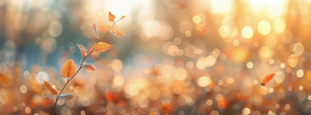 A close-up of red and orange leaves on a branch with a bokeh background. The leaves are out of focus, but the bright bokeh makes them look like stars in the sky.の素材