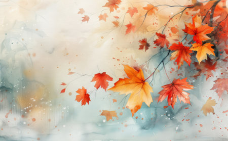 A watercolor painting of a branch with red leaves and berries, set against a soft beige and orange background. The leaves are painted in a loose, impressionistic style, with a focus on the organic shapes and textures of the natural world.の素材