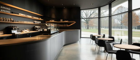 Modern coffee shop counter with curved wooden top, stainless steel sink, and black espresso machine. Dark gray wall with wooden shelves of coffee bean jars. Large window background with city skyline viewの素材
