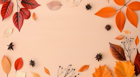 A flat lay of orange and red leaves arranged around a small orange pumpkin on an orange background.の素材