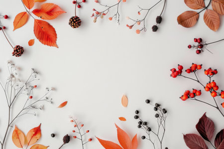 Red berries, brown pinecones, and autumn leaves arranged around a white background.の素材