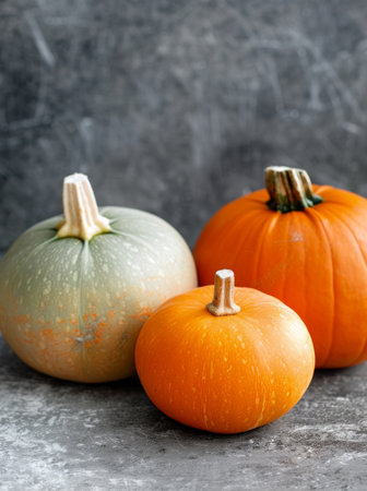 Three pumpkins, one green and two orange, sit on a countertop.の素材