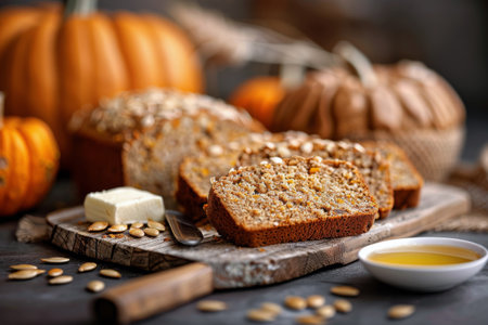 Slices of pumpkin bread on a wooden board, with butter, honey, and pumpkin seeds scattered around.の素材