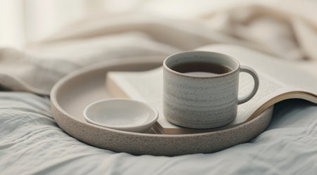 A tranquil morning setting featuring a cup of coffee on a wooden tray, accompanied by a book and delicate flowers, all nestled on a soft bed covered with a knitted blanket.の素材