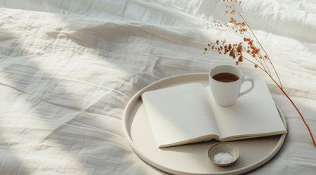 A tranquil morning setting featuring a cup of coffee on a wooden tray, accompanied by a book and delicate flowers, all nestled on a soft bed covered with a knitted blanket.の素材