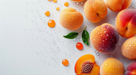 A colorful arrangement of fresh peaches and apricots, glistening with water droplets, showcases their vibrant hues and natural appeal against a clean, white backdrop.の素材